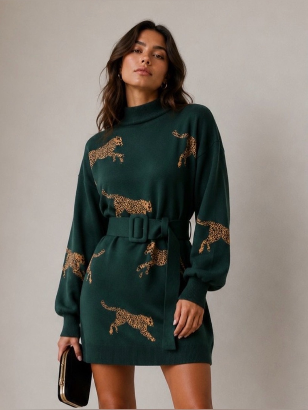 Blogger favorite Green Leopard Print Dress Belt Long Sleeve Knit Mini Chic Style